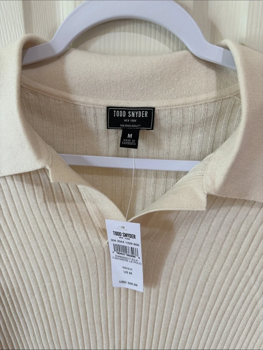 Todd Snyder Bisque Silk Cashmere LS Polo Sz M. New. Box50